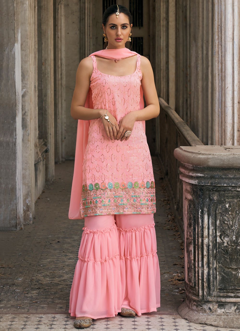 Pink Faux Georgette Readymade Salwar Suit