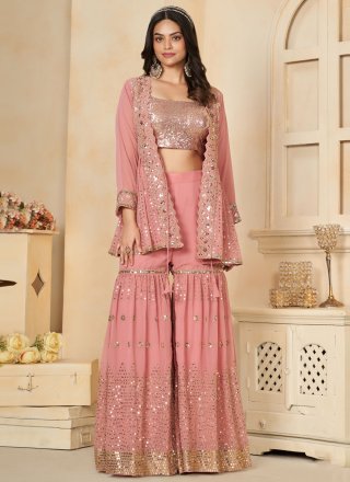 Pink Faux Georgette Salwar Suit with Cord, Sequins, Thread and Zari Work