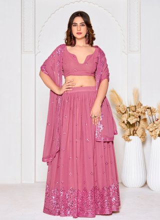 Pink Georgette A - Line Lehenga Choli with Embroidered and Sequins Work