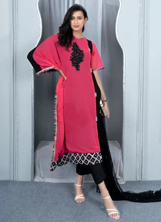 Pink Georgette Buttons, Embroidered and Fancy Work Salwar Suit for Women
