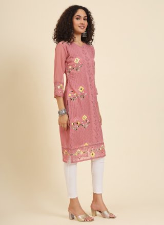 Pink Georgette Chikankari, Embroidered and Lucknowi Work Work Casual Kurti for Casual