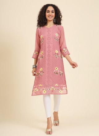 Pink Georgette Chikankari, Embroidered and Lucknowi Work Work Casual Kurti for Casual