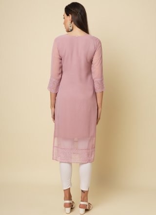 Pink Georgette Chikankari, Embroidered and Thread Work Party Wear Kurti for Casual