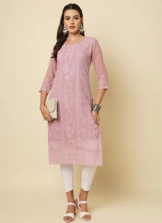 Pink Georgette Chikankari, Embroidered and Thread Work Party Wear Kurti for Casual