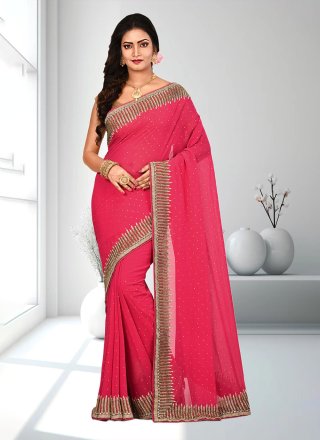 Pink Georgette Classic Saree with Hand Work