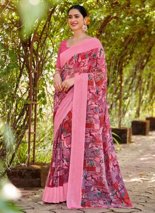 Pink Georgette Contemporary Sari with Print Work