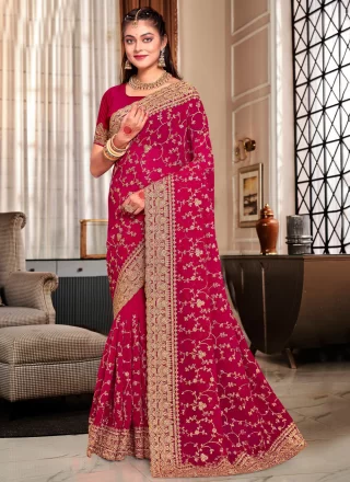 Pink Georgette Cord, Diamond and Embroidered Work Contemporary Sari