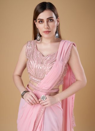Pink Georgette Designer Sari with Patch Border, Embroidered and Sequins Work for Women