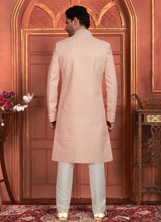 Pink Georgette Embroidered and Hand Work Sherwani Mens Wear for Ceremonial