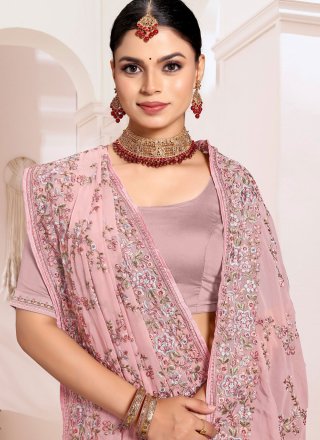 Pink Georgette Embroidered and Resham Work Contemporary Sari for Ceremonial