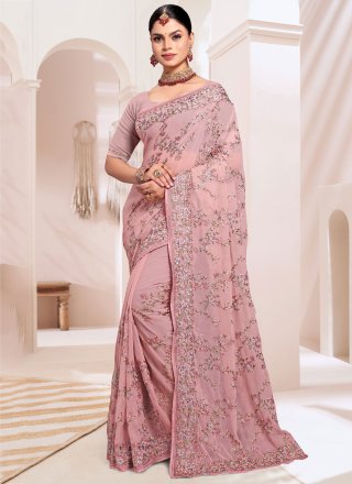 Pink Georgette Embroidered and Resham Work Contemporary Sari for Ceremonial