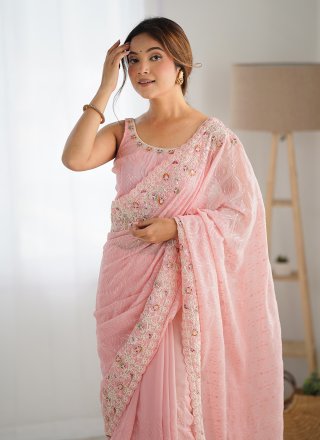 Pink Georgette Embroidered and Sequins Work Contemporary Sari