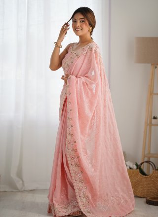 Pink Georgette Embroidered and Sequins Work Contemporary Sari