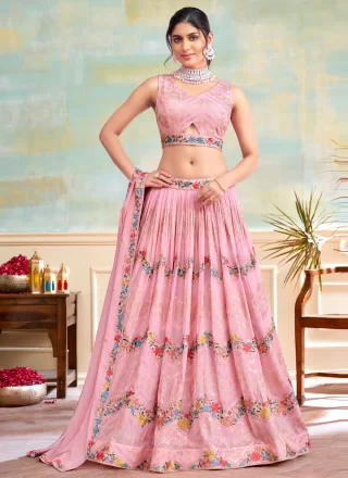 Pink Georgette Embroidered, Resham and Sequins Work Readymade Lehenga Choli for Women