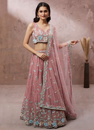 Pink Georgette Embroidered, Sequins and Thread Work Lehenga Choli for Ceremonial