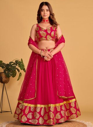 Pink Georgette Embroidered, Sequins and Thread Work Lehenga Choli for Women
