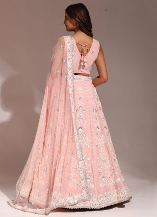 Pink Georgette Embroidered, Sequins and Thread Work Readymade Lehenga Choli for Women