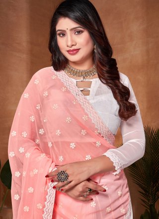 Pink Georgette Embroidered Work Designer Saree for Women