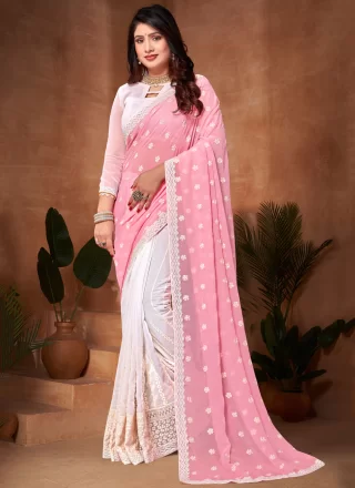 Pink Georgette Embroidered Work Trendy Saree