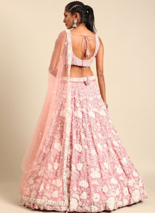 Pink Georgette Lehenga Choli with Cord, Embroidered, Sequins and Thread Work