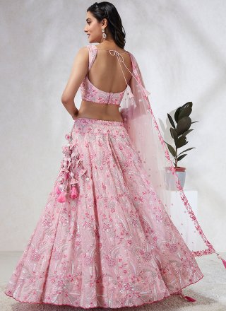 Pink Georgette Lehenga Choli with Cut, Embroidered, Sequins and Thread Work