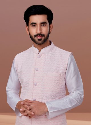 Pink Georgette Nehru Jackets with Embroidered Work for Men