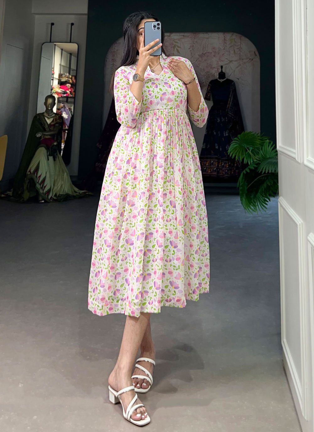Buy Online Pink Georgette Party Wear Kurti with Floral Patch