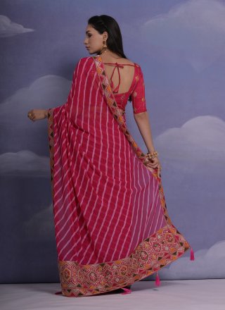Pink Georgette Patch Border, Lace, Print and Sequins Work Trendy Saree for Ceremonial