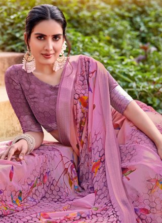 Pink Georgette Print Work Classic Saree for Ceremonial