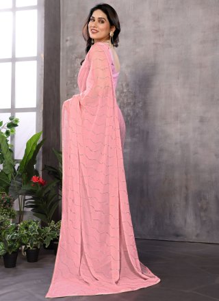 Pink Georgette Print Work Designer Saree