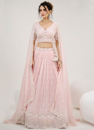 Pink Georgette Readymade Lehenga Choli with Embroidered, Stone and Thread Work