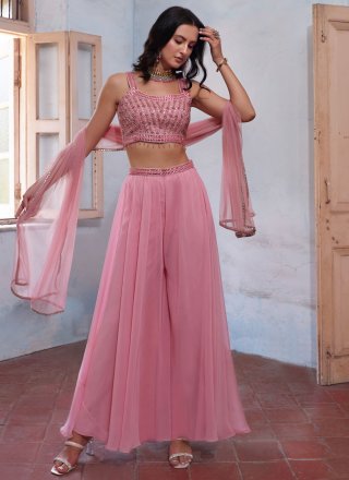 Pink Georgette Readymade Salwar Suit with Embroidered and Mirror Work for Women