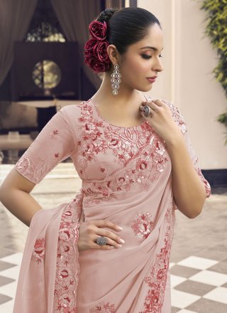 Pink Georgette Traditional Saree with Embroidered Work