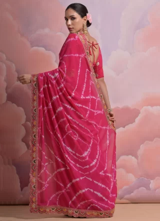 Pink Georgette Trendy Saree with Patch Border, Lace and Print Work