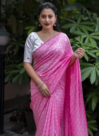 Pink Georgette Trendy Saree with Woven Work for Engagement