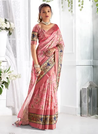 Pink Giccha Silk Classic Saree with Digital Print Work