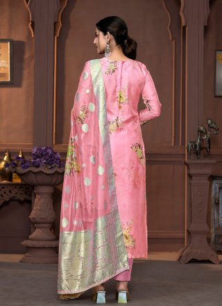 Pink Hand and Print Work Organza Pant Style Suit