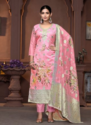 Pink Hand and Print Work Organza Pant Style Suit