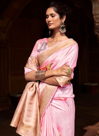 Pink Handloom Silk Classic Sari with Woven Work