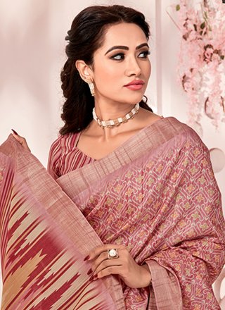 Pink Handloom Silk Designer Sari with Print Work for Ceremonial