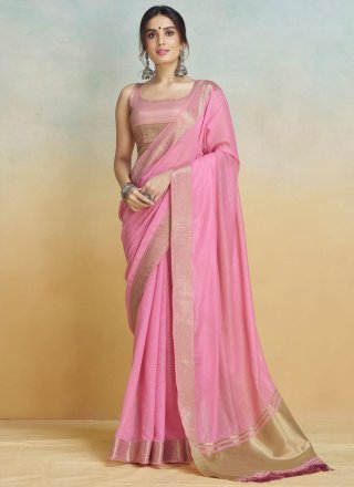 Pink Handloom Silk Designer Sari with Weaving Work for Women