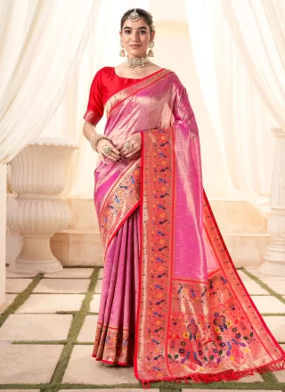 Pink Handloom Silk Jacquard Work Trendy Saree