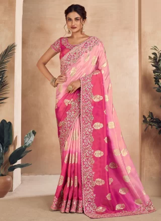 Pink Jacquard Contemporary Sari with Embroidered, Resham and Zari Work