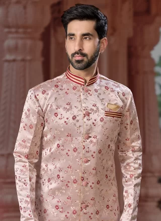 Pink Jacquard Indo Western Sherwani with Fancy and Thread Work for Ceremonial
