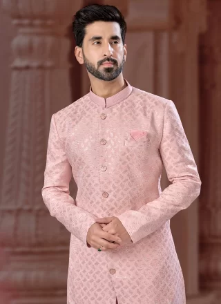 Pink Jacquard Indo Western Sherwani with Fancy, Thread and Zari Work for Men