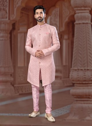 Pink Jacquard Indo Western Sherwani with Fancy, Thread and Zari Work for Men