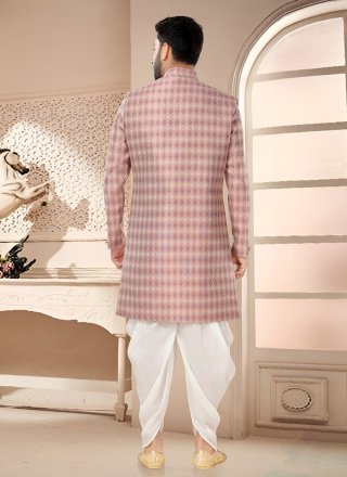 Pink Jacquard Sherwani Mens Wear with Woven Work for Men