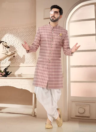 Pink Jacquard Sherwani Mens Wear with Woven Work for Men
