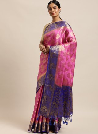 Pink Kanjivaram Silk Contemporary Saree with Weaving Work