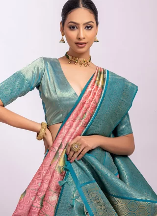 Pink Kanjivaram Silk Contemporary Sari with Weaving Work